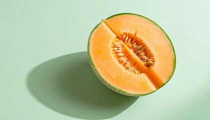 Vibrant cantaloupe half showcases its juicy orange flesh and seeds on pastel background.