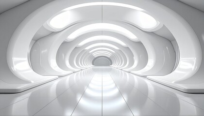 Naklejka premium Futuristic white corridor with glowing arches, sleek design, and reflective floor.