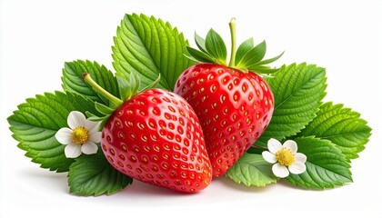 Vibrant close-up showcases two fresh, ripe strawberries amidst lush green leaves and