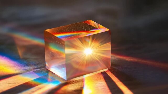 Clear glass cube refracts sunlight into a vivid rainbow on a dark surface.