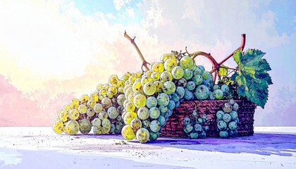 Vibrant painting depicting bunches of green grapes overflowing from a woven basket.