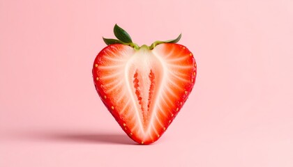 Vibrant, refreshing cross-section of a ripe strawberry isolated against a pink backdrop.