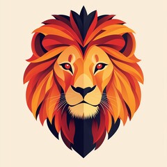 Obraz premium Lion head logo vector illustration flat modern geometric style symmetrical design expressive eyes layered orange red mane minimal clean colorful icon graphics isolated on pastel background