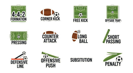 A vector illustration showcasing various soccer and American football strategies and formations, including corner kicks, free kicks, and other tactical plays on a green field.