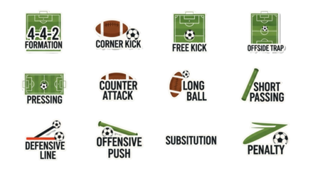 A vector illustration showcasing various soccer and American football strategies and formations, including corner kicks, free kicks, and other tactical plays on a green field.
