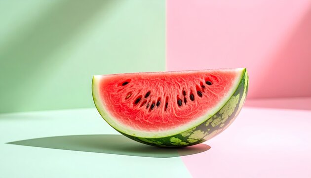 Vibrant watermelon slice sits against pastel green and pink background casting soft