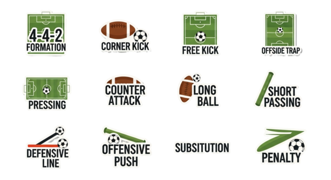 A vector illustration showcasing various soccer and American football strategies and formations, including corner kicks, free kicks, and other tactical plays on a green field.