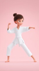 Young girl in a white karate uniform performs a martial arts pose against a soft pink background, showcasing strength, focus, and determination in a playful illustration style