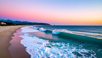Pastel sunset over a beach with waves