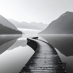 Serene wooden boardwalk curves across a calm lake towards misty mountains
