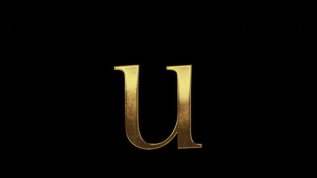 Lowercase alphabet "u" with slightly reflected outlines on a gold foil-like surface, serif, loop, alpha channel