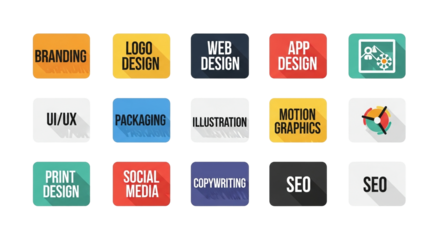 A collection of colorful design and marketing concept icons representing various aspects of branding, web design, and digital marketing strategies, perfect for business presentations.
