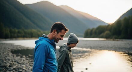 Father and son walking by a river with mountains in the background