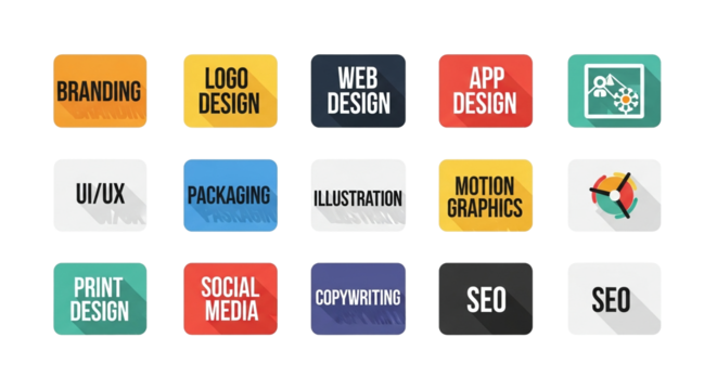 A collection of colorful design and marketing concept icons representing various aspects of branding, web design, and digital marketing strategies, perfect for business presentations.