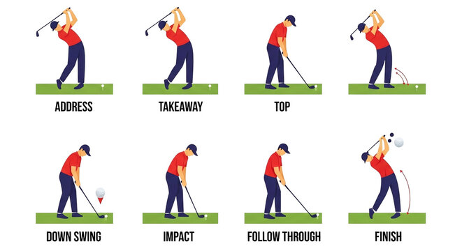 A detailed illustration depicts the stages of a golf swing, showcasing the address, takeaway, top, downswing, impact, follow-through, and finish, perfect for instructional purposes.