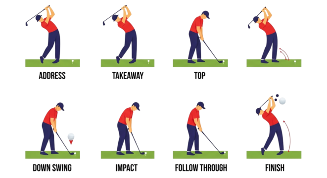 A detailed illustration depicts the stages of a golf swing, showcasing the address, takeaway, top, downswing, impact, follow-through, and finish, perfect for instructional purposes.