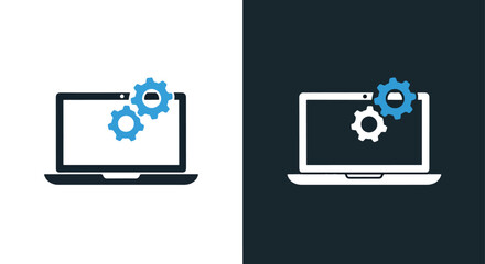 Digital technology laptop with gears settings icon for it solutions and software development