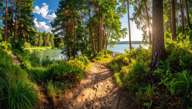 Sunlit forest path leading to a tranquil lake