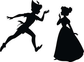 Peter Pan silhouette, Wendy Darling illustration, flying boy character, fairy tale artwork, fantasy story design, childhood imagination drawing, magical adventure vector