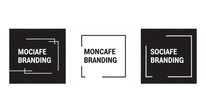 Three distinct branding designs featuring the words 'Mocafe', 'Moncafe', and 'Sociafe' in a clean, minimalist style with a modern square frame on a black or white background, ideal for various