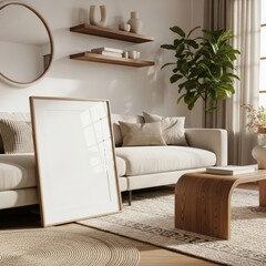 Mockup poster frame in modern Scandinavian living room interior with beige sofa, wooden coffee table, neutral decor and natural light