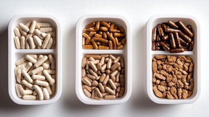 Variety of Dietary Supplements in White Containers on Table Surface