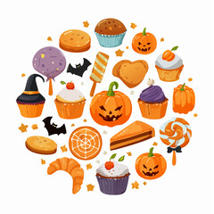 A vibrant circular composition of various Halloween-themed treats, including jack-o'-lantern pastries, spooky cupcakes, and festive candy for a holiday celebration