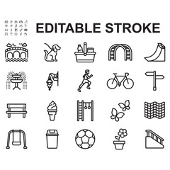 City Park Icon Set. Thin line style vectors. Contains icons such as Lights, Playgrounds, Park Benches and many more.
