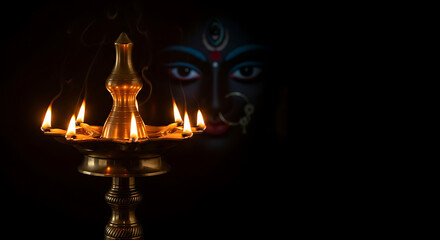 Traditional ornate brass oil lamp with multiple flickering flames illuminating the darkness creating kali face