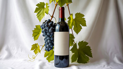 Red wine bottle with grapes and green vine leaves on white background