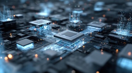 A digital abstract of computing technology, with floating processors, data streams, and virtual connections creating a high-tech environment.