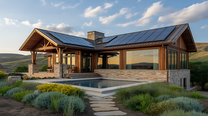 Modern luxury eco friendly house with solar panels and swimming pool in nature