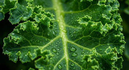 Obraz premium Close-up of Fresh Green Kale Leaf with Water Droplets Showing Texture