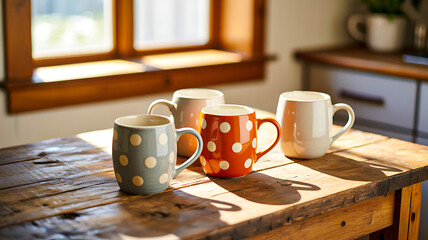 Colorful ceramic mugs with polka dots on wooden table in natural light