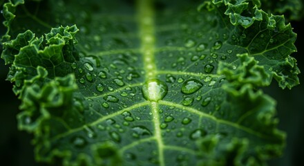 Obraz premium Close-up of fresh kale leaf with water droplets reflecting light beautifully