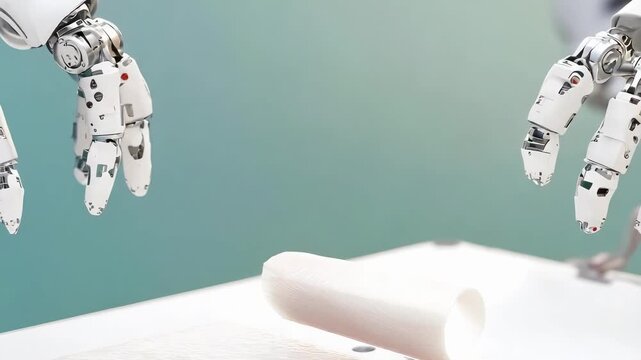 Two robotic hands carefully manipulate a small white rectangular component on a clean lab surface.