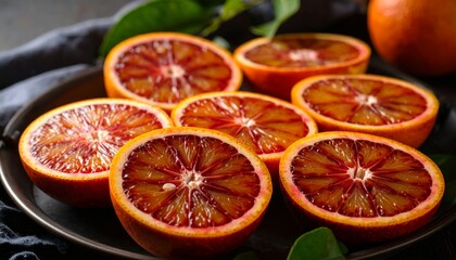 Vibrant blood oranges, halved to reveal deep red segments, sit on a rustic platter.