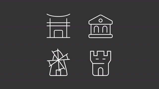 Historic buildings structure ui icons white line animation set. Asian gate, mill, castle and museum. Architectural heritage animated user interface elements isolated on dark background. HD video