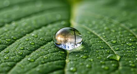 Stunning macro shot of a water droplet on a vibrant green leaf, reflecting the forest landscape with a warm sunset glow, perfect for nature lovers