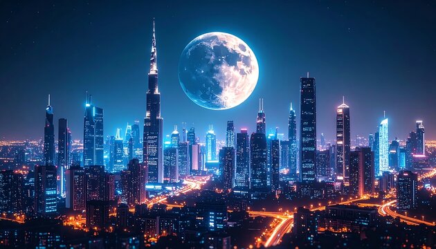 Cityscape at night with full moon - Powered by Adobe