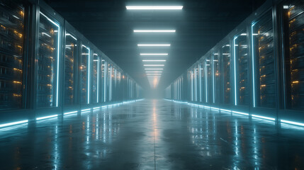 Obraz premium Clean modern data server room with glowing blue LED lights