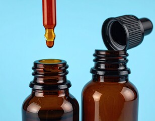 Amber glass dropper bottles with amber liquid