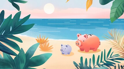 Money magazine cover about retirement planning featuring calm scenes of a beach and financial security symbols like piggy banks and growing plants for a relaxed theme