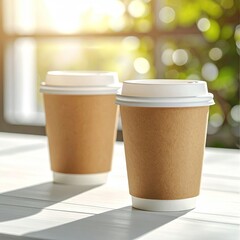 Two coffee cups on a table, sunlight streaming through window