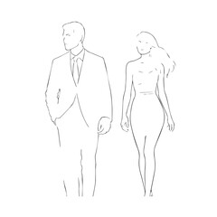 
Black and White Vector Illustration of a Couple Man and Woman in Minimalistic Clean Line Art Style