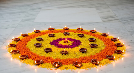 Vibrant diwali diya rangoli decoration with floating candles and colorful flower petals