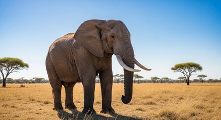 Fototapeta premium A large African elephant stands in a golden savanna under a clear blue sky. Acacia trees are visible in the background, creating a typical landscape of the region.