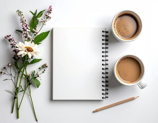 Blank notebook, flowers, coffee cups