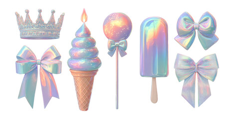 Colorful Ice Cream Cones and Bows with a Shiny, Iridescent Finish