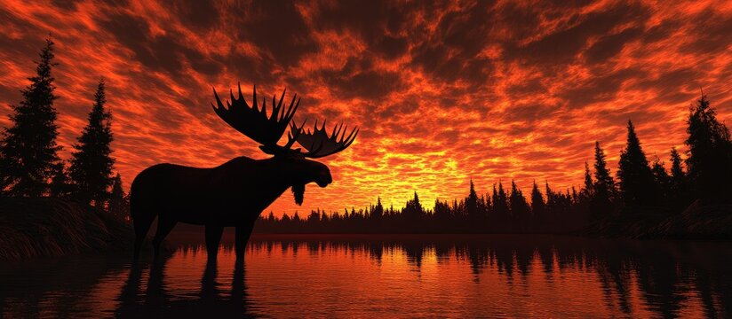 Majestic Moose Silhouette in Fiery Sunset Lake, Vibrant Wilderness Reflection